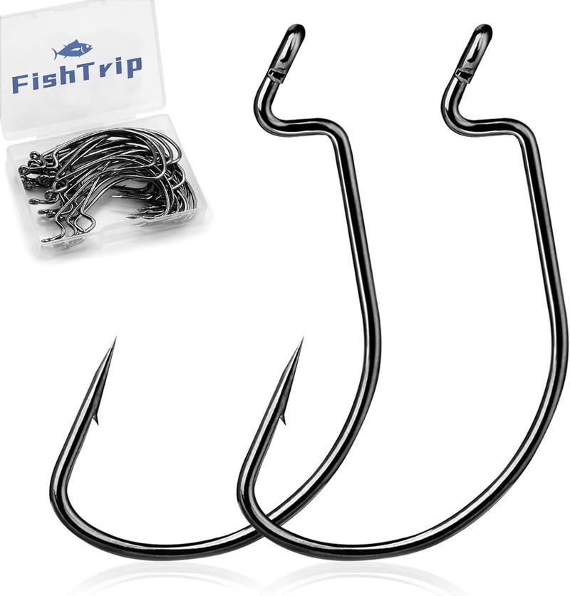 FishTrip EWG Hooks for Bass Fishing - 50/100/120pcs Offset Worm Hook Texas Rig Hooks for Freshwater Saltwater Size 1 1/0 2/0 3/0 4/0 5/0 - Image 1